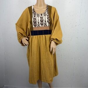 Pop If Neutral One Free Size Digs Mustard IKAT Cotton Linen Bohemian Dress OSFM